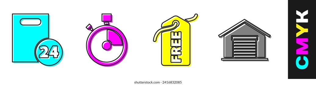 Set Delivery with cardboard boxes, Fast time delivery, Price tag with Free and Warehouse icon. Vector
