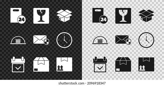 Set Delivery with cardboard boxes, Fragile broken glass, Carton, Calendar check mark, Cardboard traffic symbol, Hangar and Envelope shield icon. Vector