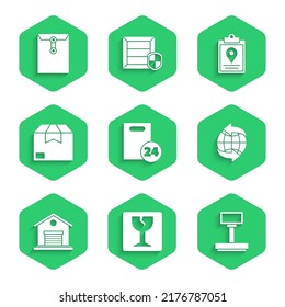 Set Delivery with cardboard boxes, Fragile broken glass, Scale, Worldwide, Warehouse, Carton, Document tracking marker system and Envelope icon. Vector