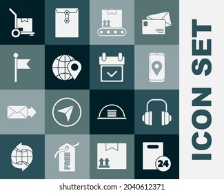 Set Delivery with cardboard boxes, Headphones, Mobile app delivery tracking, Conveyor belt, Location the globe, marker, Hand truck and and Calendar check icon. Vector