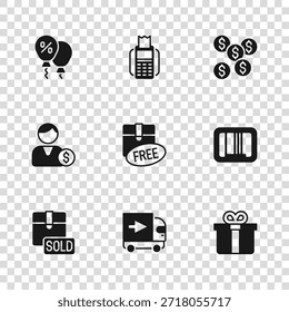Set Lieferung Lastkraftwagen, Barcode, Geschenkbox, Karton mit kostenlosem Symbol, Dollar, Rabatt Prozent Tag, POS-Terminal und Käufer-Symbol. Vektorgrafik