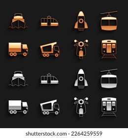 Set Delivery cargo truck, Cable, Train and railway, Scooter, Rocket ship, Cruise and Tram icon. Vector