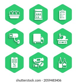 Set Delivery cargo truck, Candy, Whiskey bottle, Electronic scales for product, Percent discount mobile, Security camera, Shopping list and Chicken egg box icon. Vector