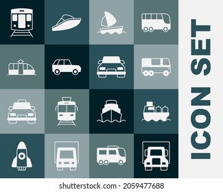 Set Delivery cargo truck, Oil tanker ship, Bus, Yacht sailboat, Car, Tram and railway, Train and  icon. Vector