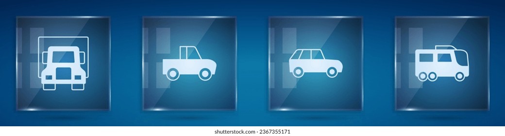 Set Delivery cargo truck, Pickup, Car and Bus. Square glass panels. Vector