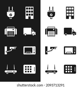 Set Delivery cargo truck, Printer, Electric plug, House, Security camera, Microwave oven, Graphic tablet and Router and wi-fi signal icon. Vector