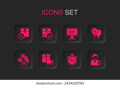 Set Delivery cargo truck, Return cardboard box, Cardboard with discount, Stopwatch percent, Discount tag, Buyer, button and Tax payment icon. Vector