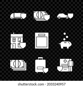 Coloca el camión de carga de entrega con el escudo, dinero, auto, pilas de dinero en efectivo, seguro de equipaje de viaje, registro clínico del portapapeles médico, icono de formulario de casa y vacío. Vector