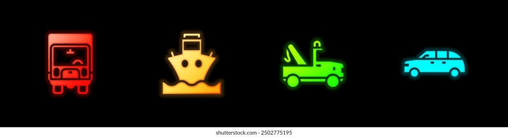 Set Delivery cargo truck, Cargo ship, Tow and Hatchback icon. Vector