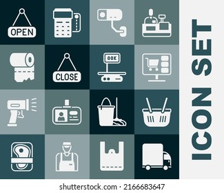 Set Delivery cargo truck, Shopping basket, cart on computer, Security camera, Hanging sign with Closed, Toilet paper roll, Open and Electronic scales icon. Vector