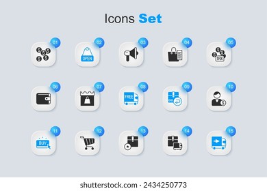 Set Delivery cargo truck, Shopping day, Hanging sign with text Open, Buy button, Buyer, Dollar symbol and Free delivery service icon. Vector