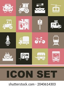 Set Delivery cargo truck, Train and railway, TV News, Boat with oars, Broken road, Tractor, Car and Parking icon. Vector