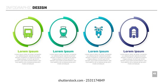 Set Entrega camión de carga, tranvía y ferrocarril, scooter y barco de rafting. Plantilla de infografía de negocios. Vector