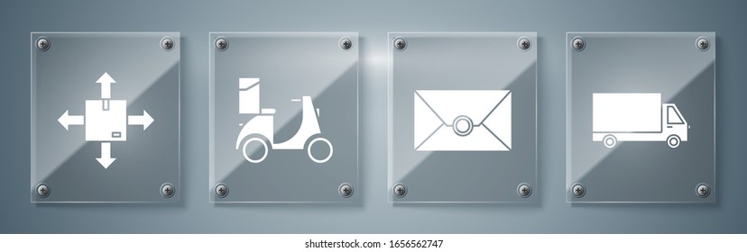 Set Delivery cargo truck vehicle , Envelope , Scooter delivery  and Cardboard box with traffic symbol. Square glass panels. Vector