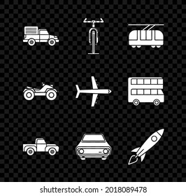 Set Delivery cargo truck vehicle, Bicycle, Tram and railway, Pickup, Car, Rocket ship with fire, All Terrain Vehicle or ATV motorcycle and Plane icon. Vector
