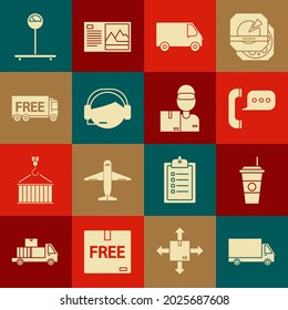Set Delivery cargo truck vehicle, Coffee cup, Telephone with speech bubble chat, Support operator in touch, Free delivery service, Scale and man cardboard boxes icon. Vector