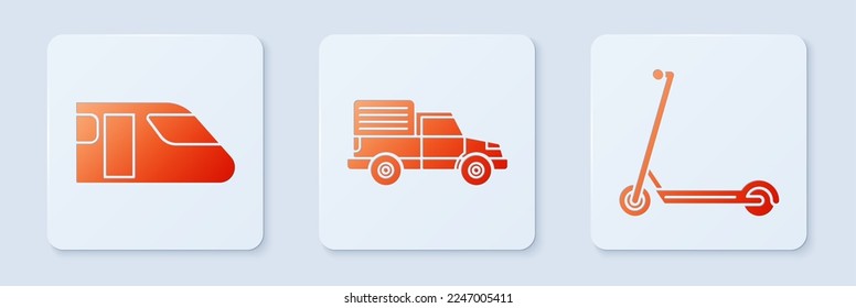 Set Delivery cargo truck vehicle, Train and Scooter. White square button. Vector