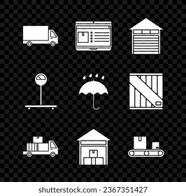 Set Delivery cargo truck vehicle, Laptop with app delivery tracking, Closed warehouse, cardboard boxes, Warehouse, Conveyor belt, Scale and Umbrella and rain drops icon. Vector