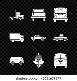 Set Delivery cargo truck vehicle, Pickup, School Bus, Retro minivan, Cargo ship,  and Sedan icon. Vector