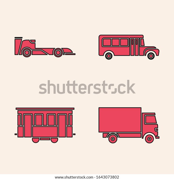 Set Delivery cargo truck vehicle,\
Formula race car, School Bus and Old city tram icon.\
Vector