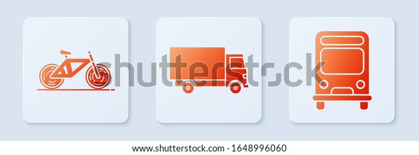 Set Delivery cargo truck vehicle, Bicycle and Bus.\
White square button.\
Vector