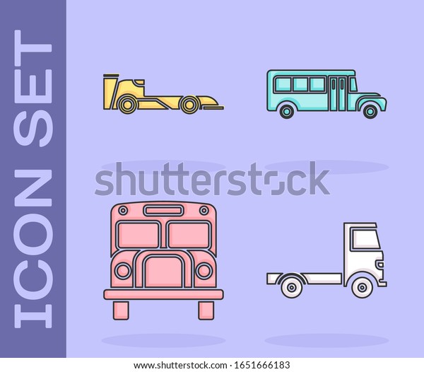 Set Delivery cargo truck vehicle, race car,\
School Bus and School Bus icon.\
Vector
