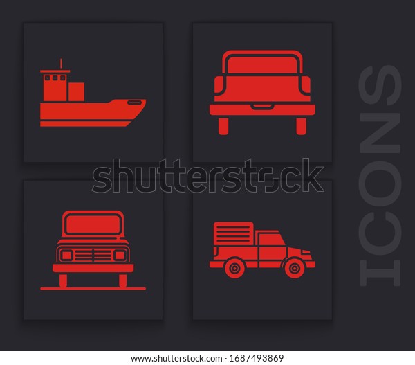 Set Delivery cargo truck vehicle, Cargo\
ship, Pickup truck and Car icon.\
Vector