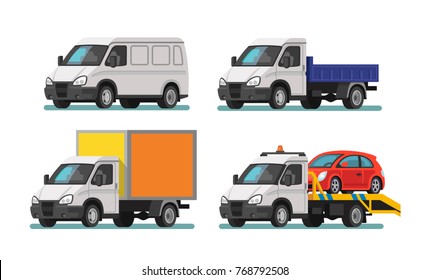 Set of delivery cars and tow truck. Vector