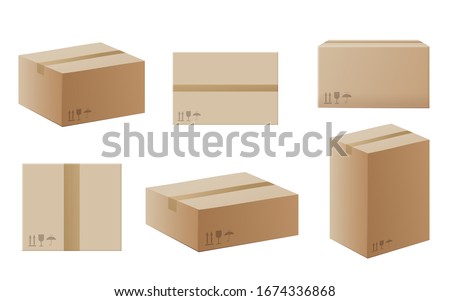 Set of delivery carton containers or mail boxes, realistic vector mockup illustration isolated on white background. Shipping parcel packaging templates collection.
