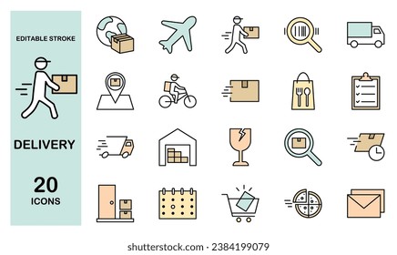 Set of delivery color icons, editable stroke