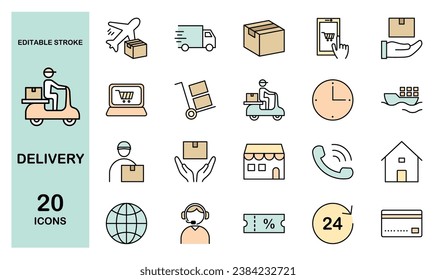 Set of delivery color icons, editable stroke