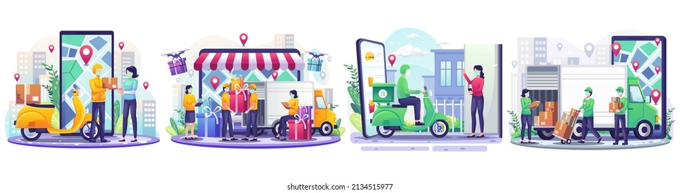 Set of Delivery concept illustration with Delivery man courier and scooter deliver a parcel to customer. Online Food Delivery. Flat style vector illustration