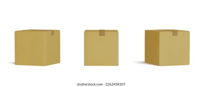Set of delivery  containers or mail boxes. Realistic vector 3D mockup illustration isolated on white background. Shipping parcel packaging templates collection.