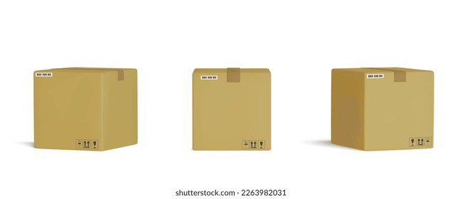 Set of delivery  containers or mail boxes. Realistic vector 3D mockup illustration isolated on white background. Shipping parcel packaging templates collection.