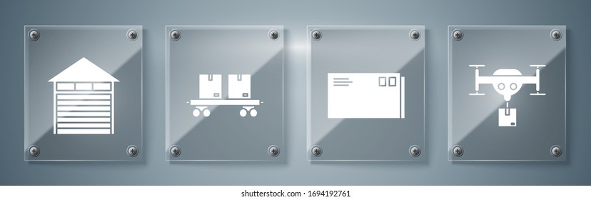 Die Liefertrone mit dem Paket , Umschlag , Eisenbahn-Kutsche und geschlossenes Lager . Viereckige Glasplatten. Vektorillustration