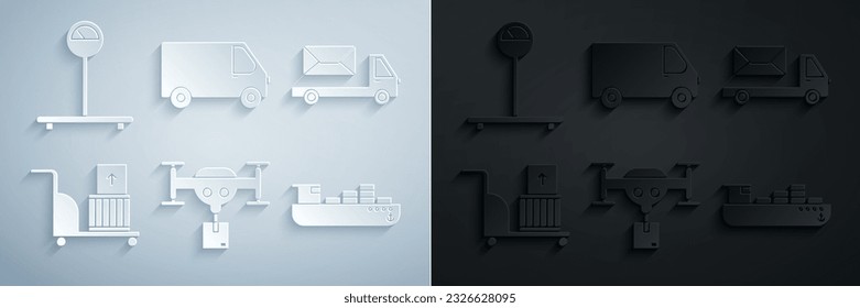 Set Delivery drone with the package, Post truck, Electric hand and boxes, Cargo ship delivery service, cargo vehicle and Scale icon. Vector