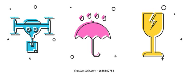 Set Delivery Drohne mit dem Paket , Regenschirm und Regentropfen und Fragile zerbrochenes Glas Symbol Symbol. Vektorillustration