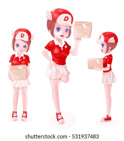 set of the delivery girl carrying a parcel post isolated on white background