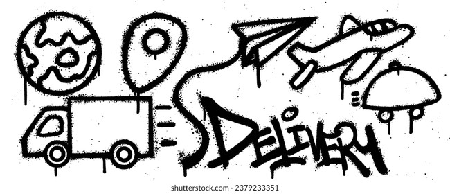 Set delivery graffiti spray paint. Collection of globe, gps, paper line, aircraft, truck Isolated Vector