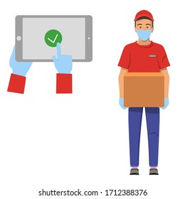 Set with delivery guy wearing a mask and gloves, handing box.Full length man with white background.Order online via tablet, smartphone.Outside the house.Stock vector illustration