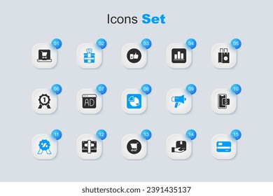 Set Delivery Hand mit Box, Werbung, Geschenk, Rabatt Prozent Tag, Kreditkarte, Mobile Shopping, Shopping-Warenkorb auf Bildschirm Laptop und Pie Diagramm Infografik Symbol. Vektorgrafik