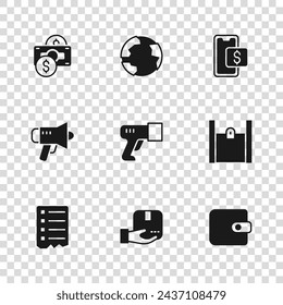 Set Delivery hand with box, Paper shopping bag, Wallet, Scanner scanning bar code, Mobile, Stacks paper money cash, Worldwide and Megaphone icon. Vector