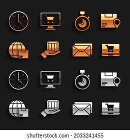 Set Delivery hand with boxes, Location cardboard, Shopping cart laptop, Envelope, Worldwide shipping, Stopwatch, Clock and computer icon. Vector