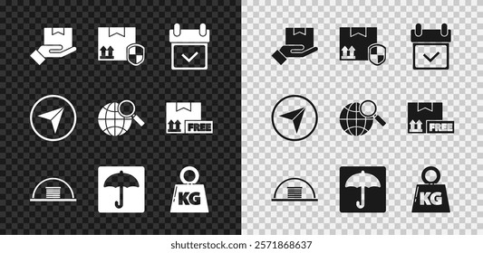 Set Delivery hand with boxes, pack security shield, Calendar check mark, Hangar, Umbrella, Weight, Infographic of city map navigation and Magnifying glass globe icon. Vector