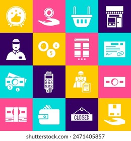 Set Delivery hand with boxes, Paper money cash, Warranty certificate template, Shopping basket, Coin, Seller, Consumer or customer product rating and Online shopping mobile icon. Vector