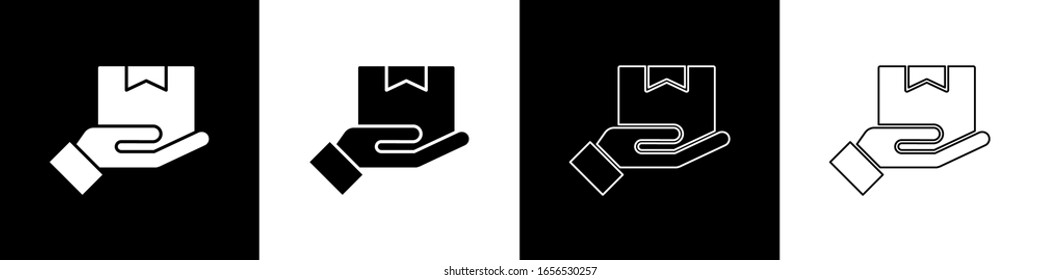 Set Delivery hand with cardboard boxes icon isolated on black and white background. Door to door delivery by courier.  Vector Illustration