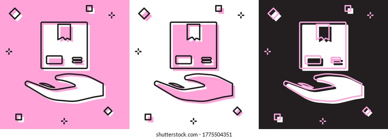 Set Delivery hand with cardboard boxes icon isolated on pink and white, black background. Door to door delivery by courier. Vector Illustration