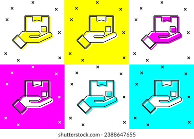 Set Delivery hand with cardboard boxes icon isolated on color background. Door to door delivery by courier.  Vector