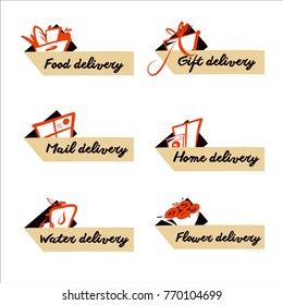 Set delivery icon, badge, logo for transportation business. Sketch vector illustration.