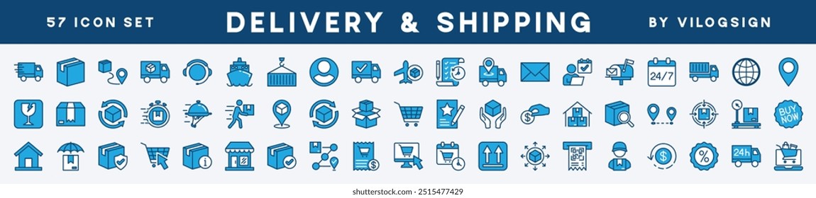 Set of delivery icon. Shipping or shipment. Containing cargo, package, tracking, box, service, order, container, courier, transportation, logistic, warehouse, truck, fragile, ship, postal, online